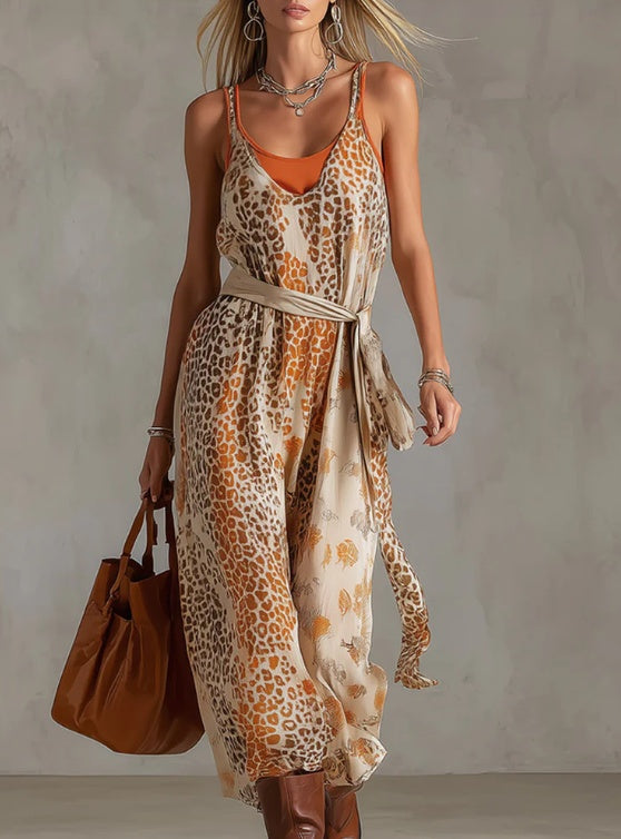 2026 New Leopard Print Suspender Waist Cinching Long Dress