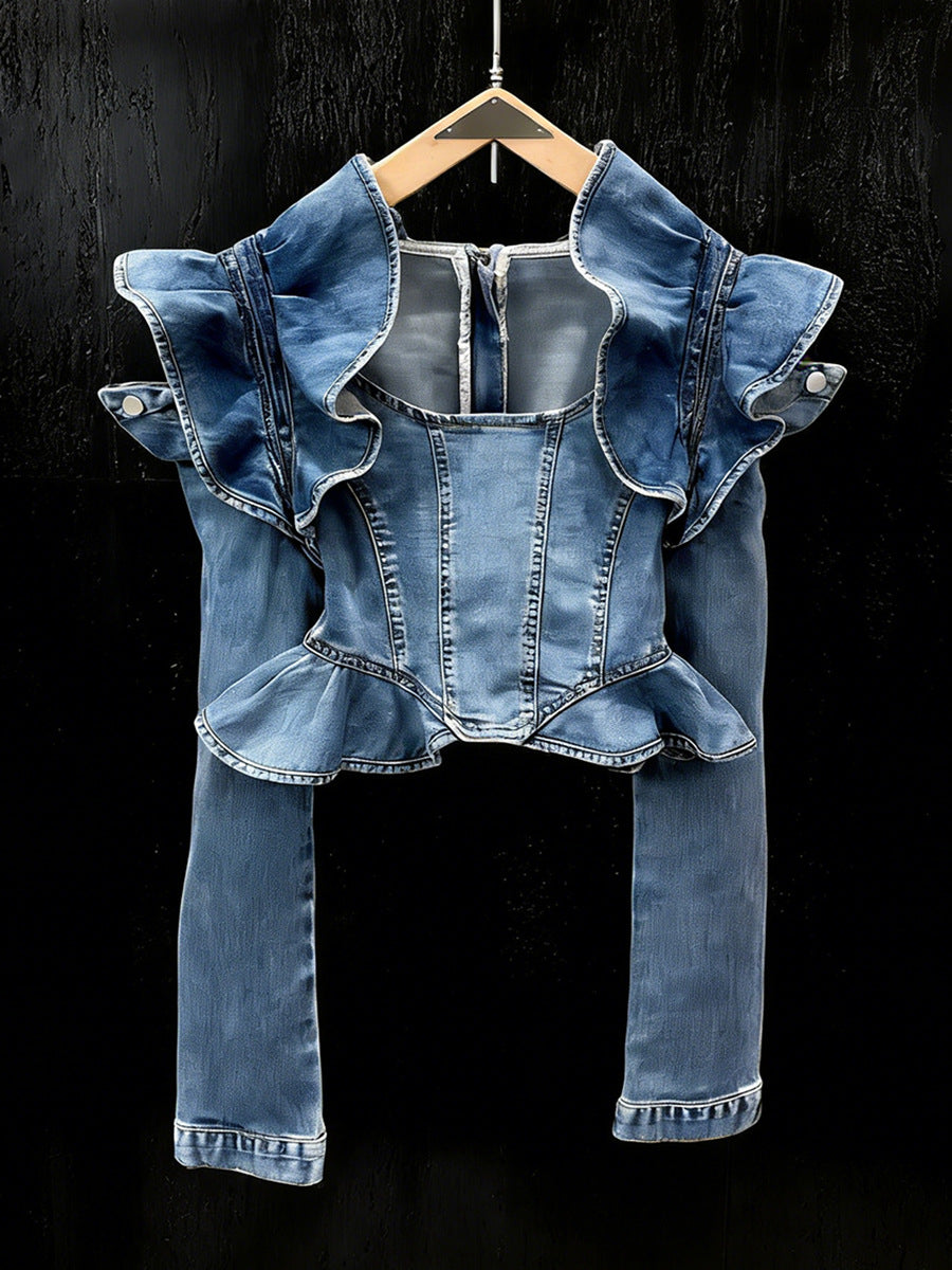 Long-sleeved Cropped Denim Jacket With Ruffled Hem