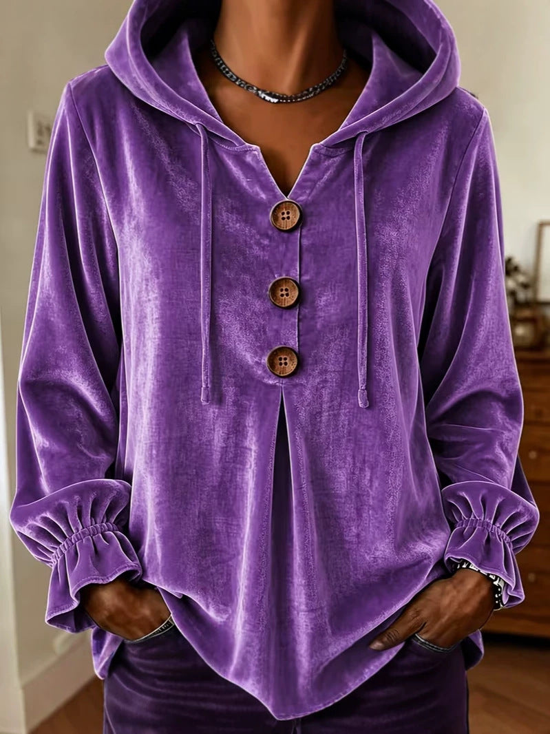 Annuo  2026 Women Casual Button Drawstring Hoodie, European American Style Long Sleeve Top