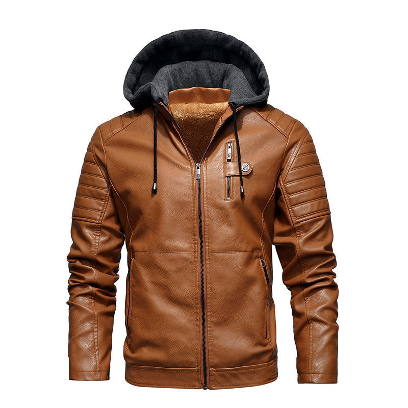 2026 Autumn And Winter New Men's Leather Jacket, Youth Men's Coat, Fleece-Lined Hooded Leather Jacket, Men's Jacket, Factory Ready Stock