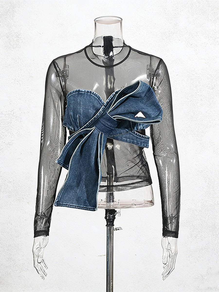 Denim Bow Mesh Overlay Top