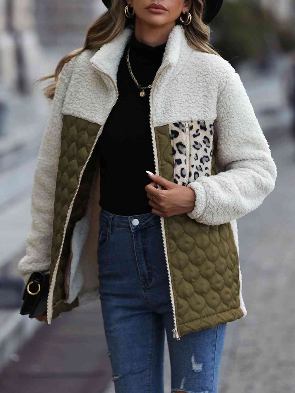 Women Leopard Color Block Zip-Up Jacket
