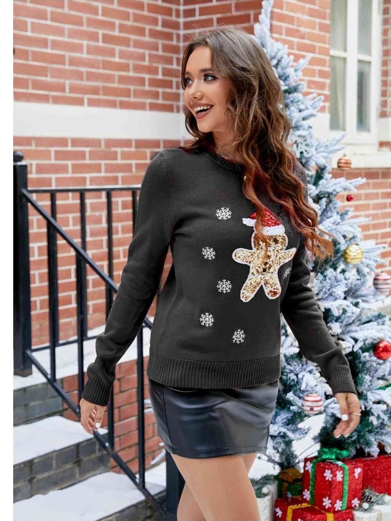 Women Sequin Reindeer Graphic Round Neck Christmas Sweater