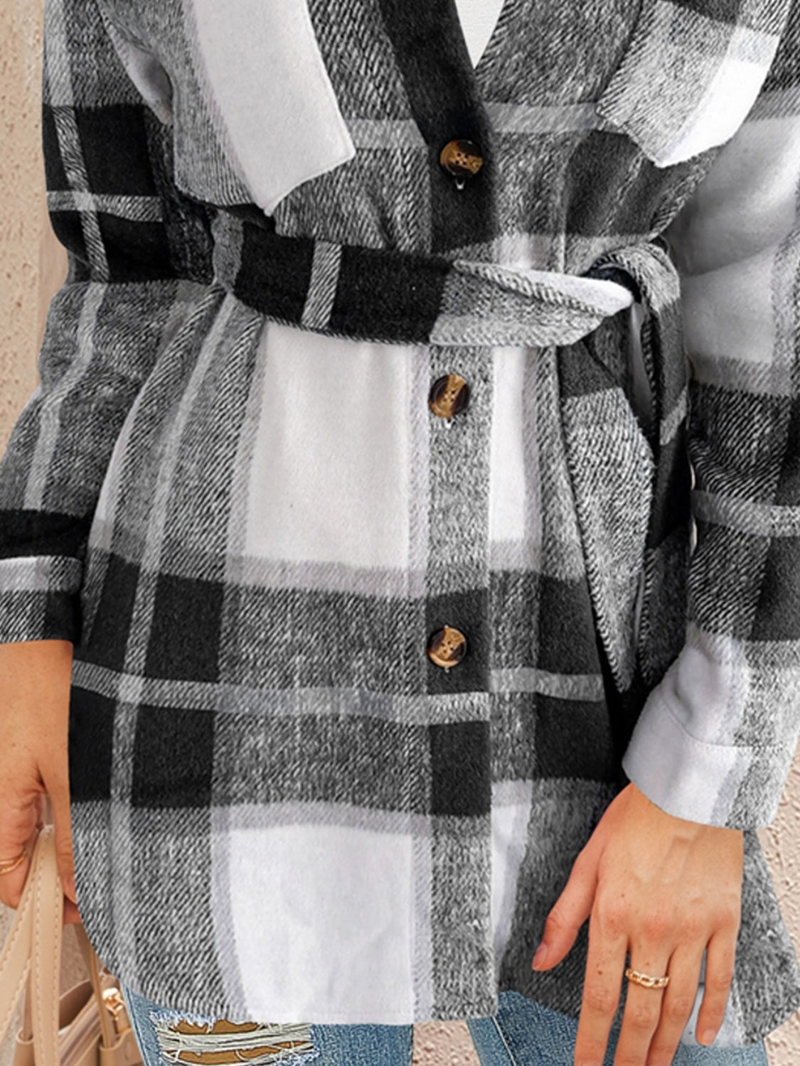 Women FAM-FAM Tied Plaid Button Up Shacket