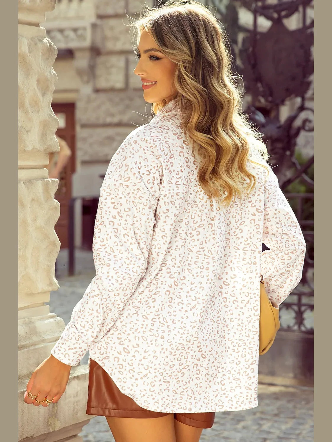 Leopard Collared Neck Dropped Shoulder Jacket