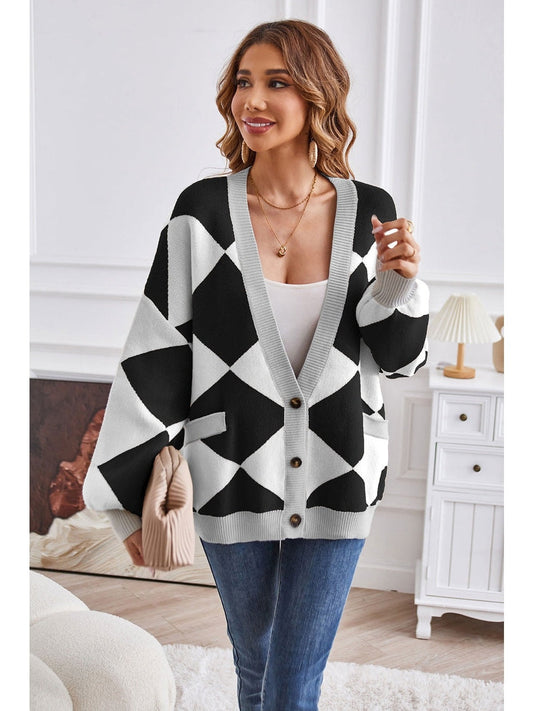 Women Geometric Lantern Sleeve Cardigan with Pockets