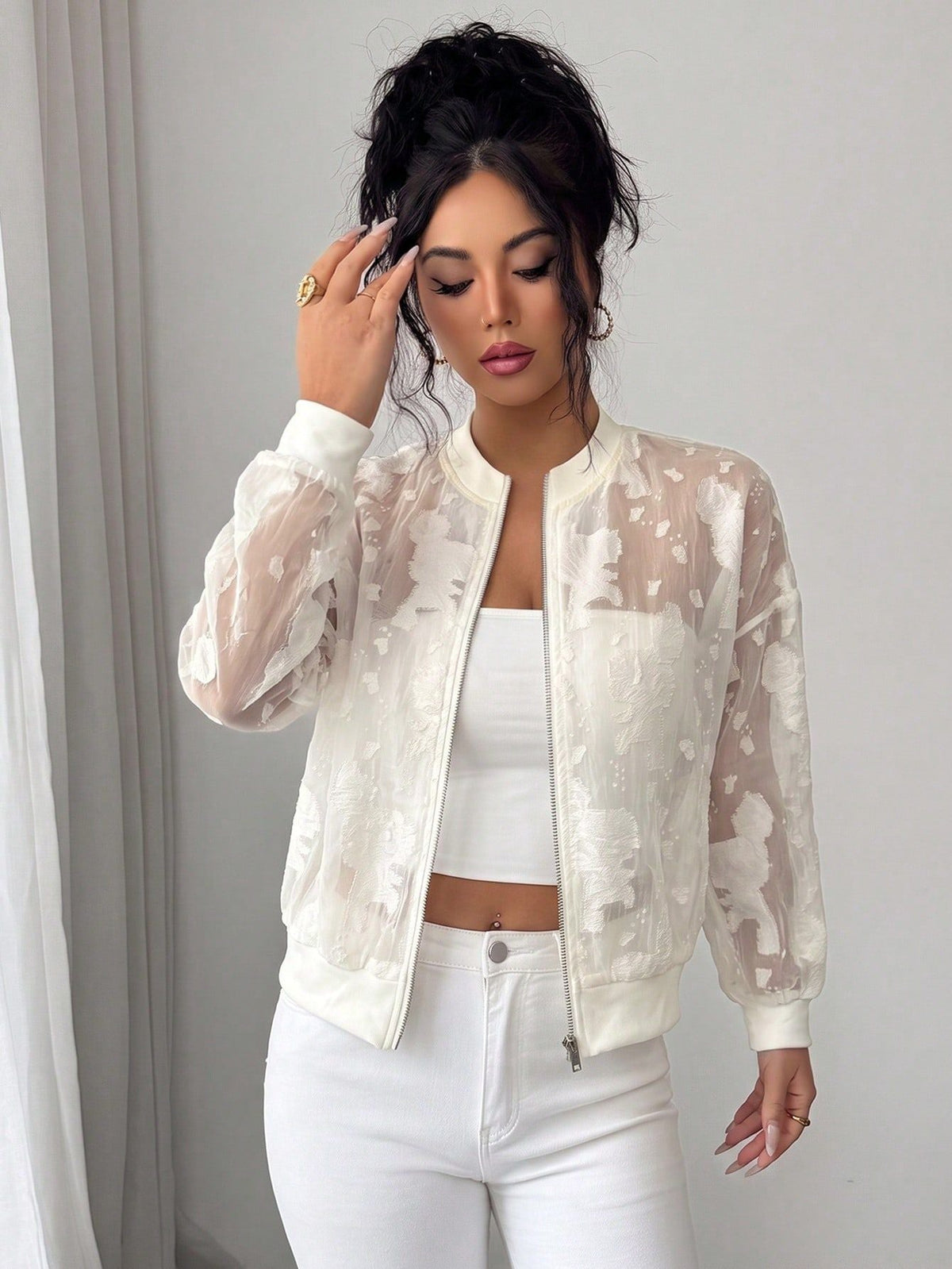 European And American Cross-border 2026 Autumn New Jacquard Jacket Semi-transparent Loose Zipper Rib Collar Cuff Jacket