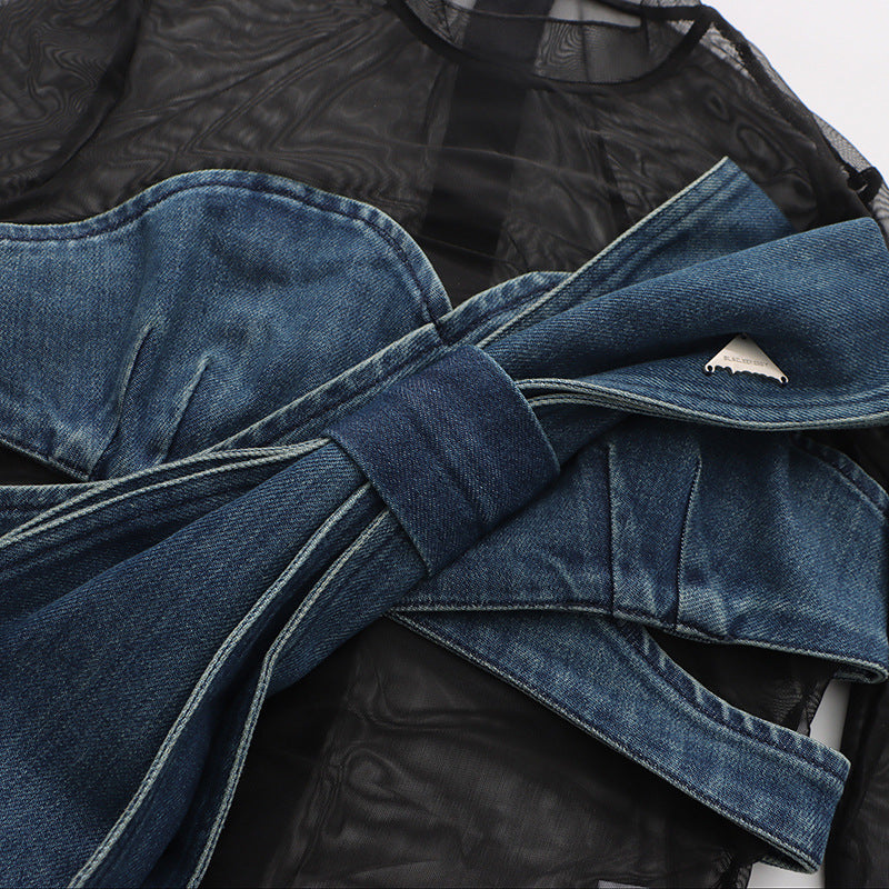 Denim Bow Mesh Overlay Top