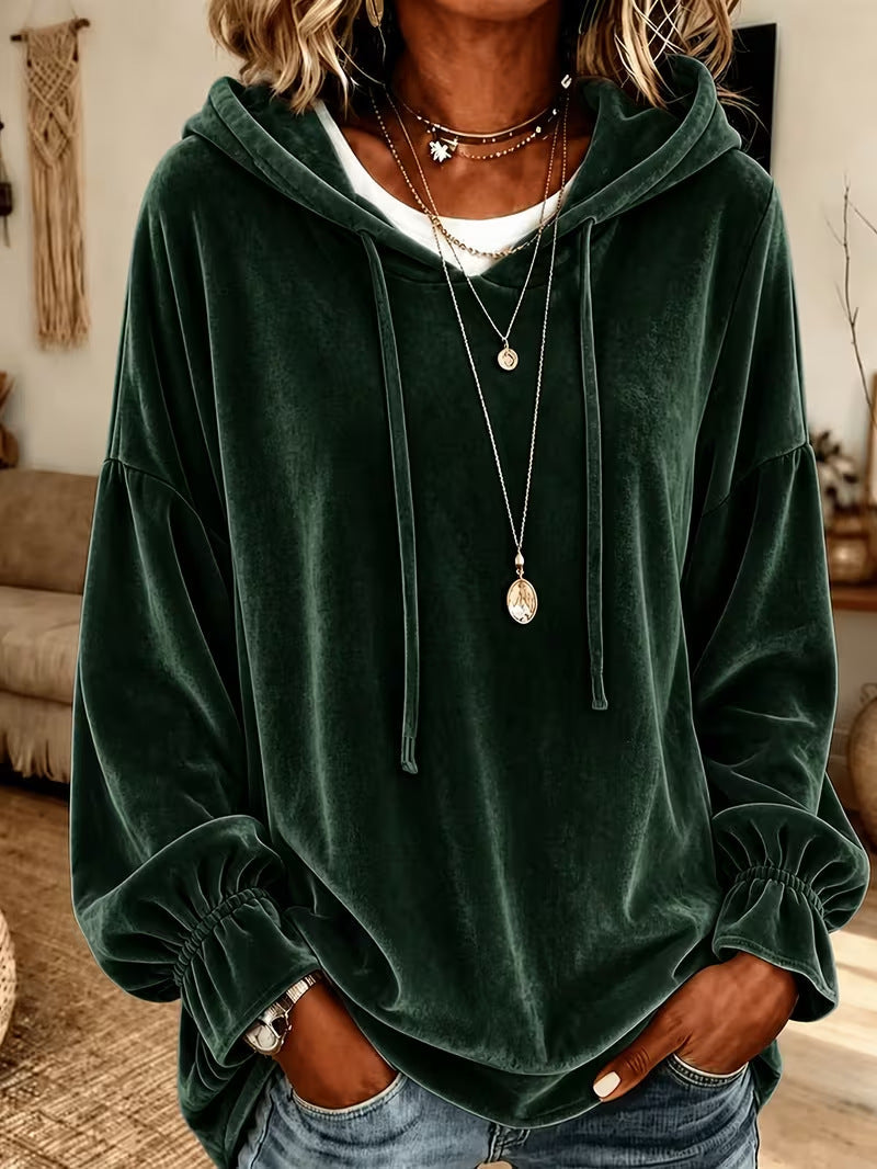 Annuo 2026 European American Women Fall Winter Loose Drawstring Velvet Hooded Sweatshirt