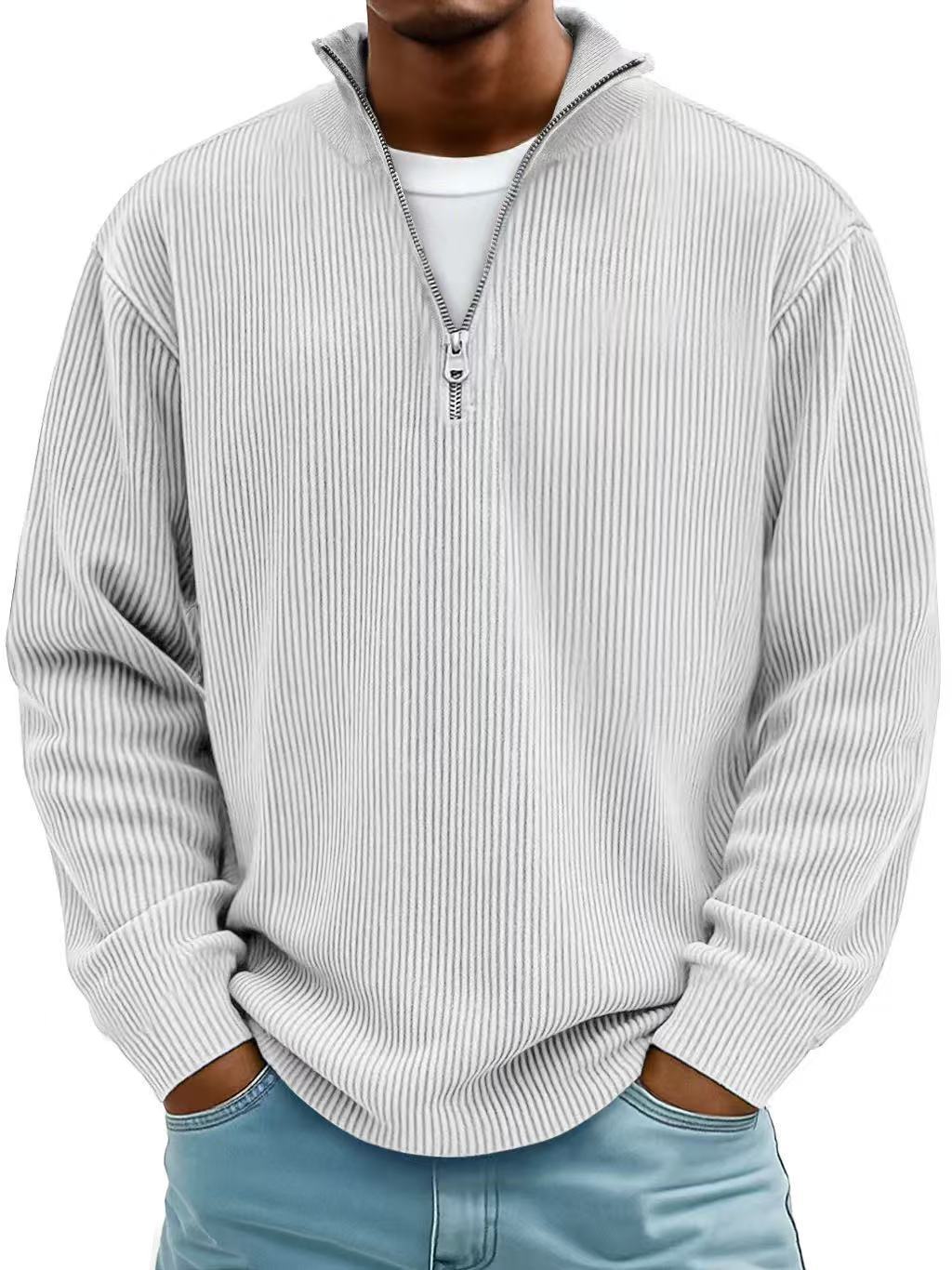 Corduroy Zipper Stand Collar Sweatshirt Fashion Warm Solid Color Long Sleeve Top Men's Casual Polo Shirt Clothing