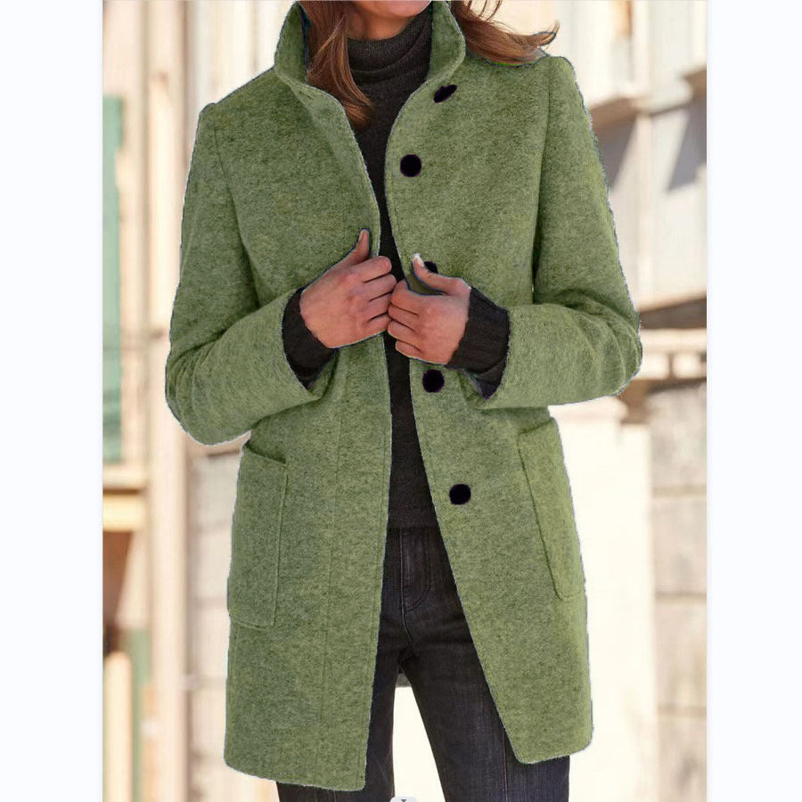 Women's Stand Collar Woolen Coat - Slim Fit Fall and Winter Button Front Trench Coat with Pockets