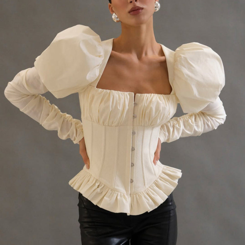 Square Neck Puff Sleeve Corset Peplum Top