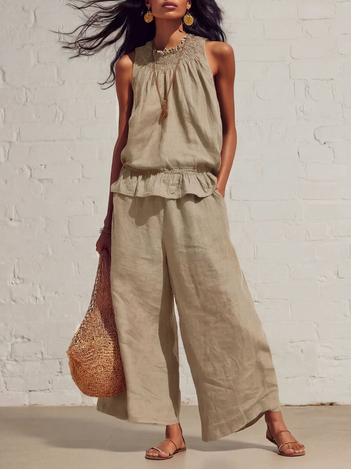 Summer Sleeveless Suit Fashion Ruffled Vest Top And Straight-leg Pants Women's Two-Piece Set