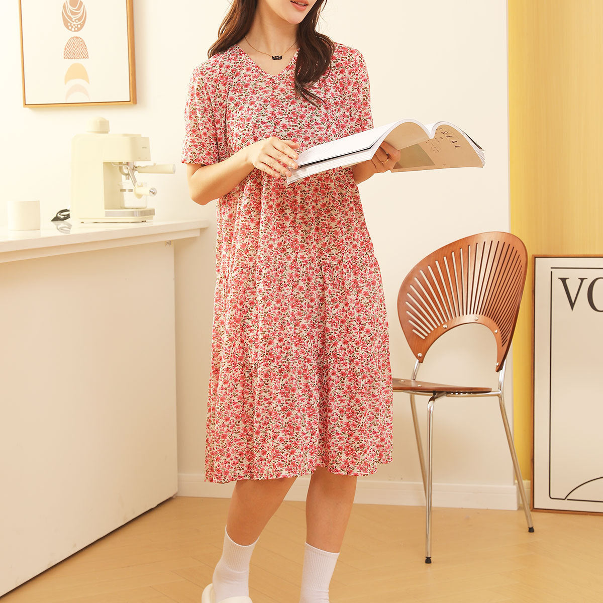 Comfortable Nightdress Women's Short Sleeve Floral Slimming Dress