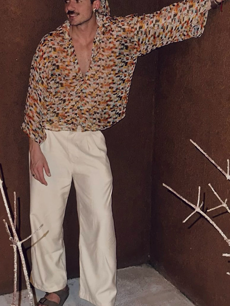 Retro Geometric Print Sheer Oversized Shirt