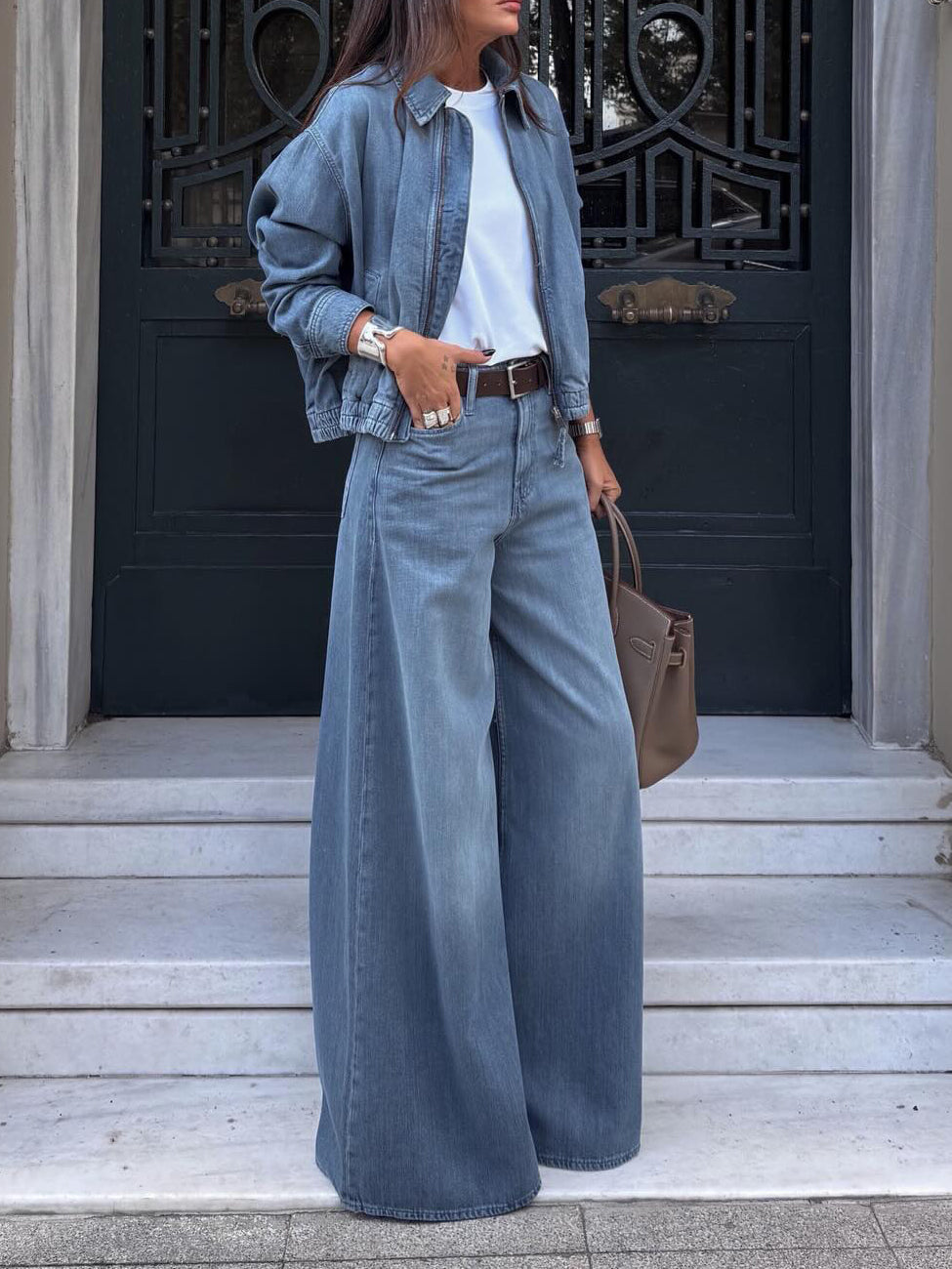 Light Blue Denim Cropped Jacket And Wide-leg Jeans Set