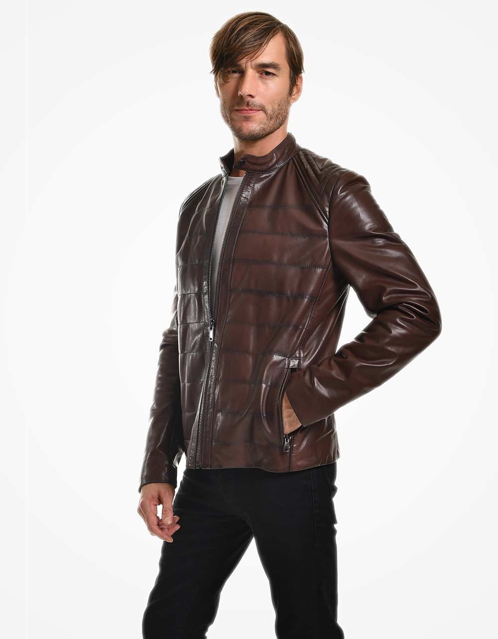 Brown Leather Biker Jacket For Men