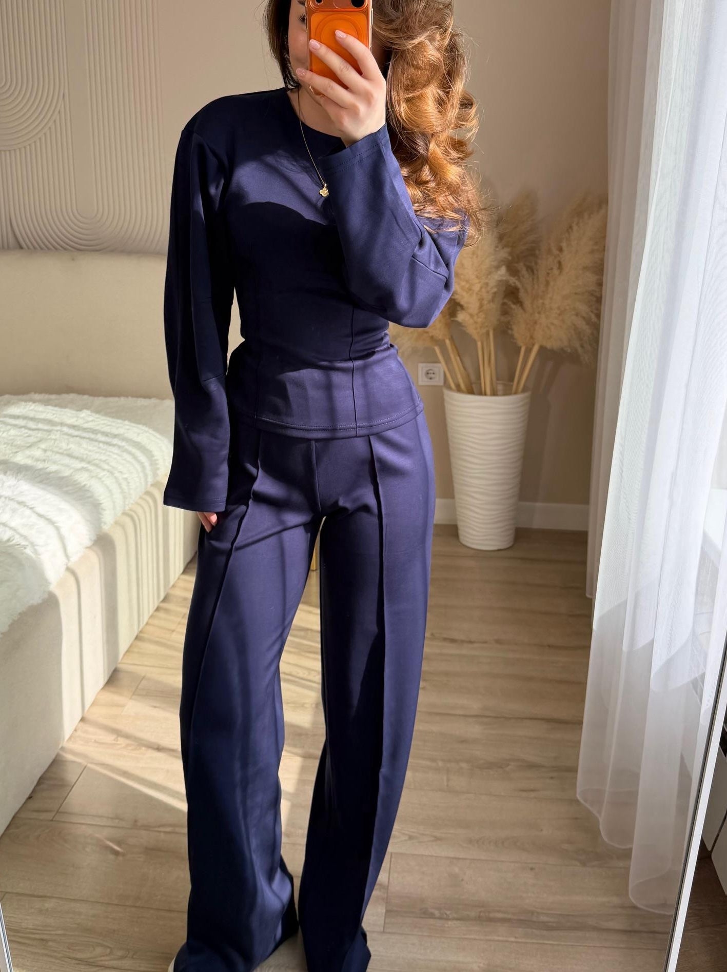 Fashionable Long-sleeved O-neck Pleated Top And Wide-leg Pants Set