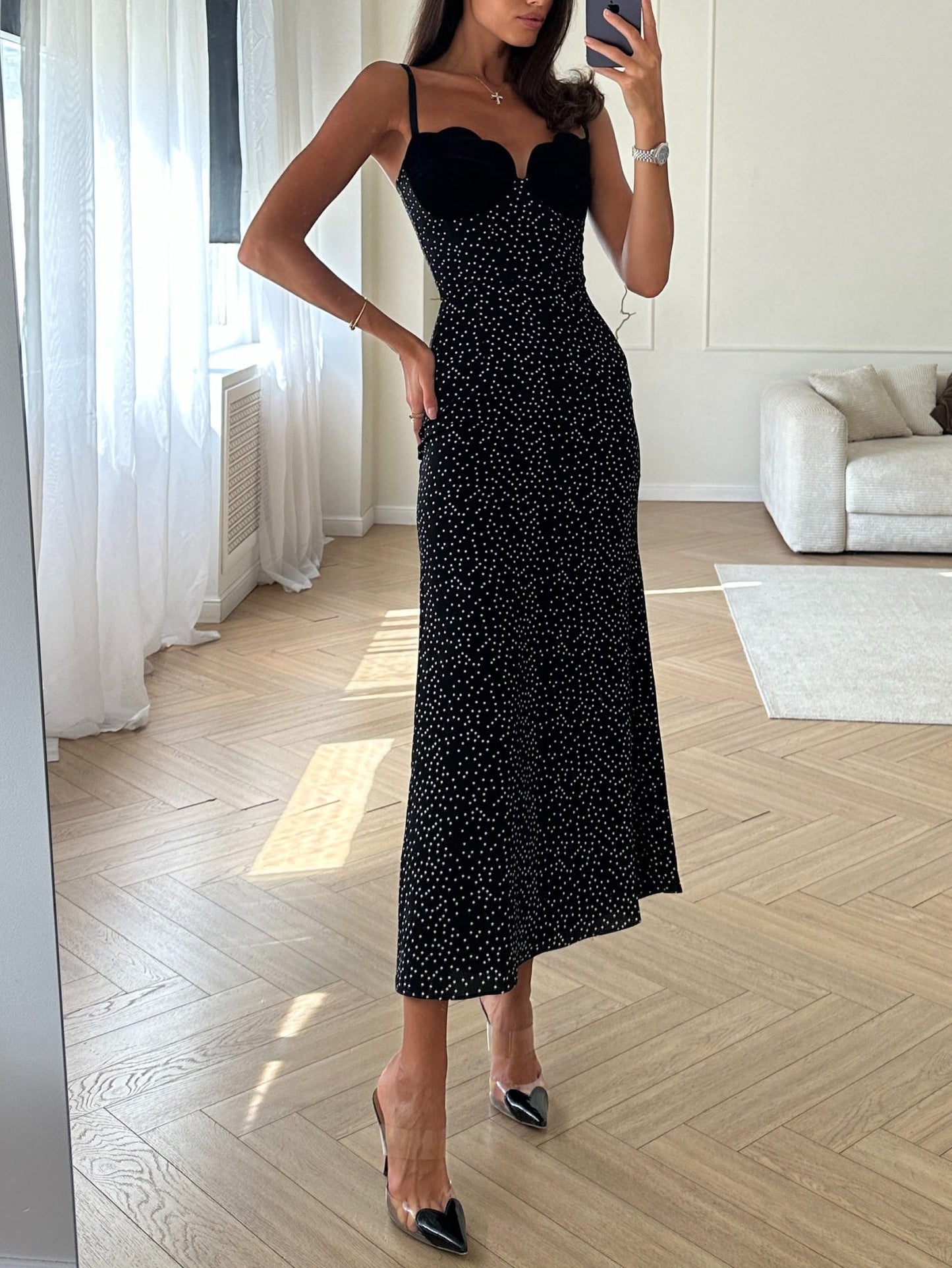 Velvet Patchwork Polka-dot Suspender Dress