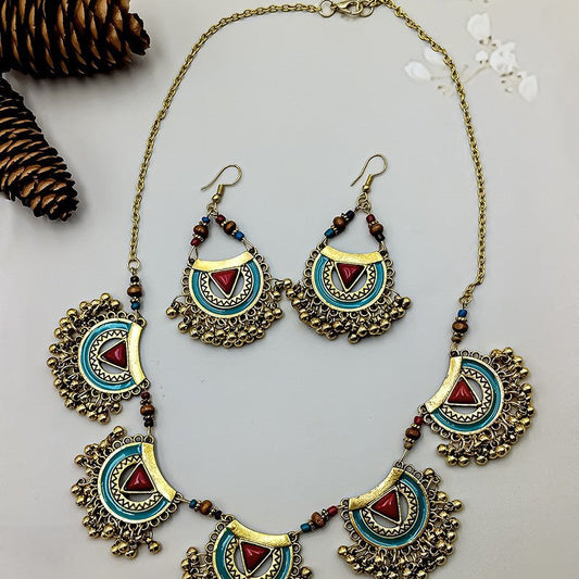 Women's Vintage Metal Indian Necklace And Earrings Suite