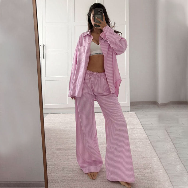 Fashionable Striped Casual Simple Womens Long-Sleeve Top And Pants Loose Set