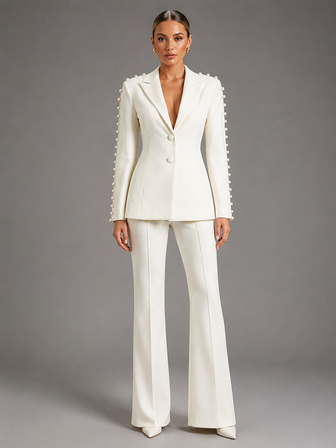 Pearl Embellished Peak Lapel Blazer & High Waist Full Flare Suit Trousers 2-Piece Set