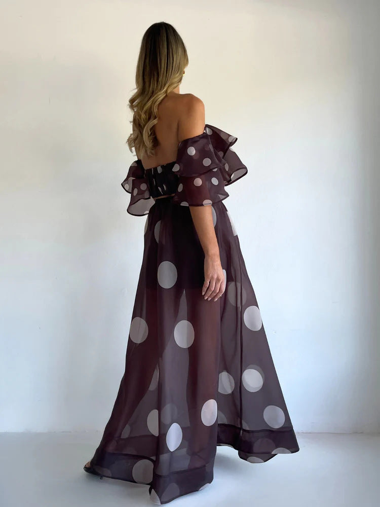 Sexy Strapless Irregular Print Ruffled Fashion Suit Long Dress