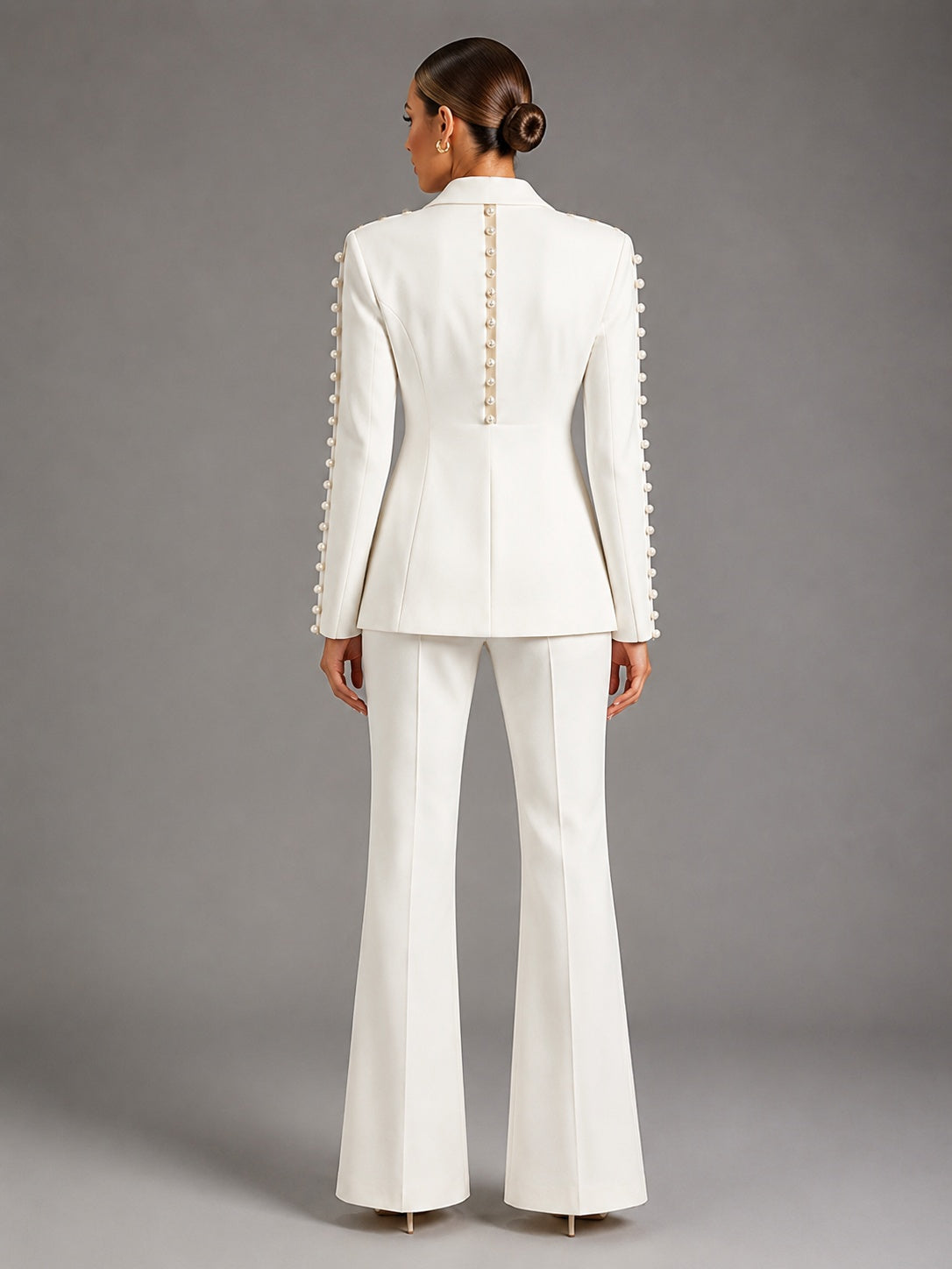 Pearl Embellished Peak Lapel Blazer & High Waist Full Flare Suit Trousers 2-Piece Set