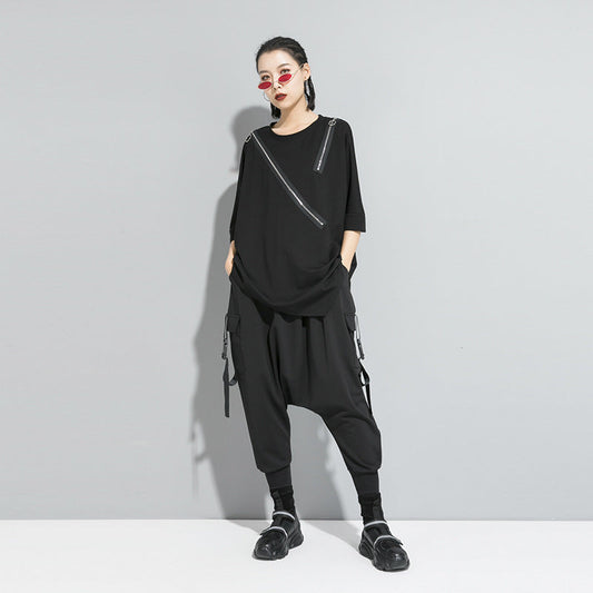 Irregular Zipper Round Neck Pullover T-Shirt