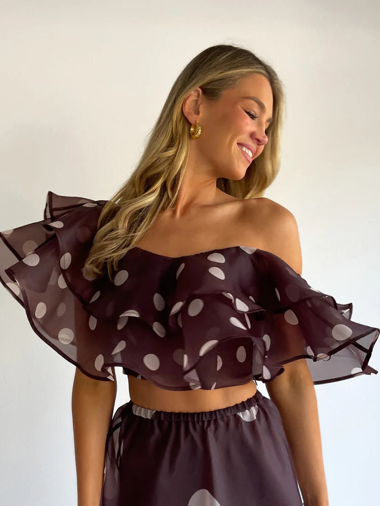Sexy Strapless Irregular Print Ruffled Fashion Suit Long Dress