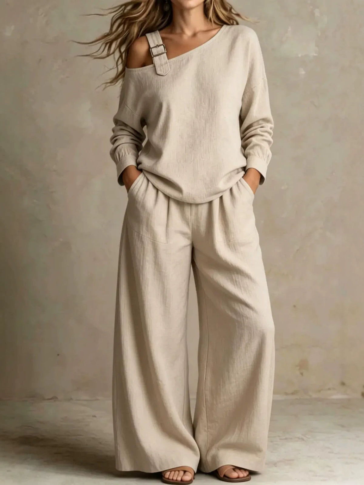 2026 Site Hot-Selling Women's Casual Loose Fashion One-Shoulder Linen Blend Two-Piece Set