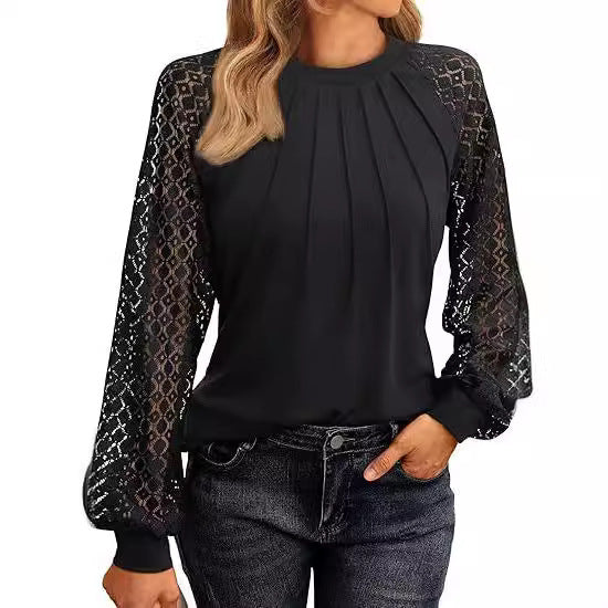 2026 Autumn New European And American Women's Long Sleeved Shirt Lace Top Casual Knitted Shirt