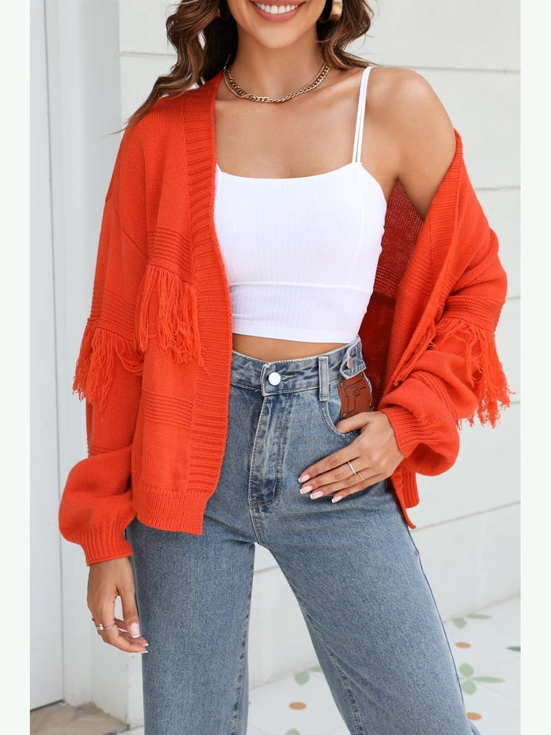 Women Double Take Fringe Trim Open Front Cardigan Sweater