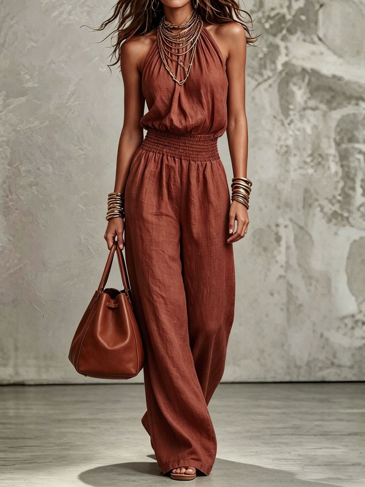 Womens Sleeveless Jumpsuit Backless Lace-up Halter Overall Pants Wide-leg Straight Onesie Trousers