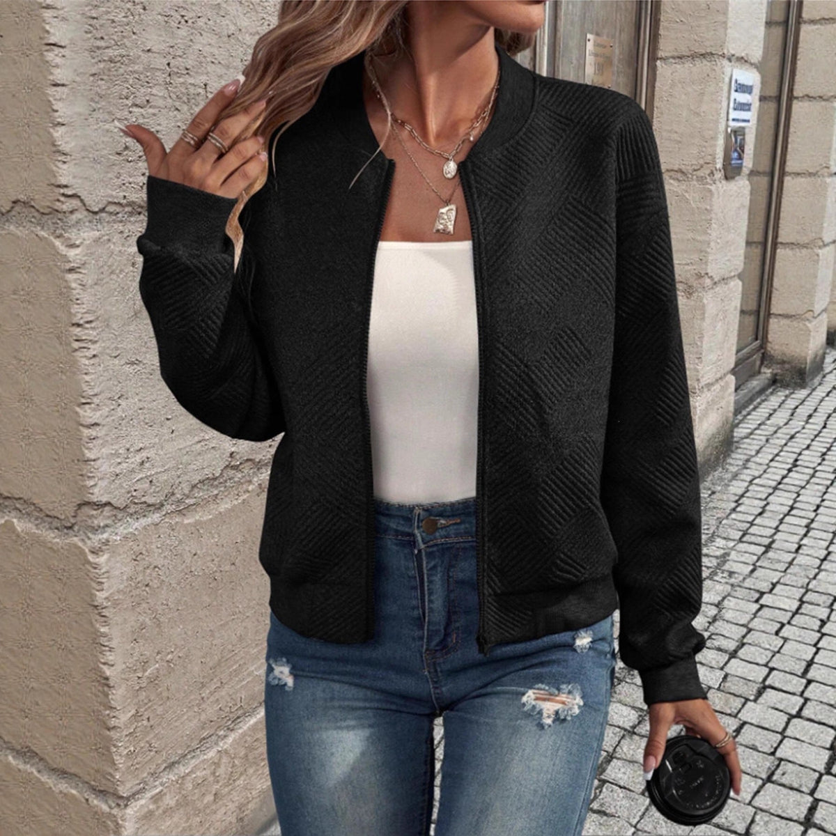 2026 Spring And Autumn Cross-Border Amazon European And American Women's Fashion New Plaid Zipper Round Neck Long Sleeve Jacket For Women