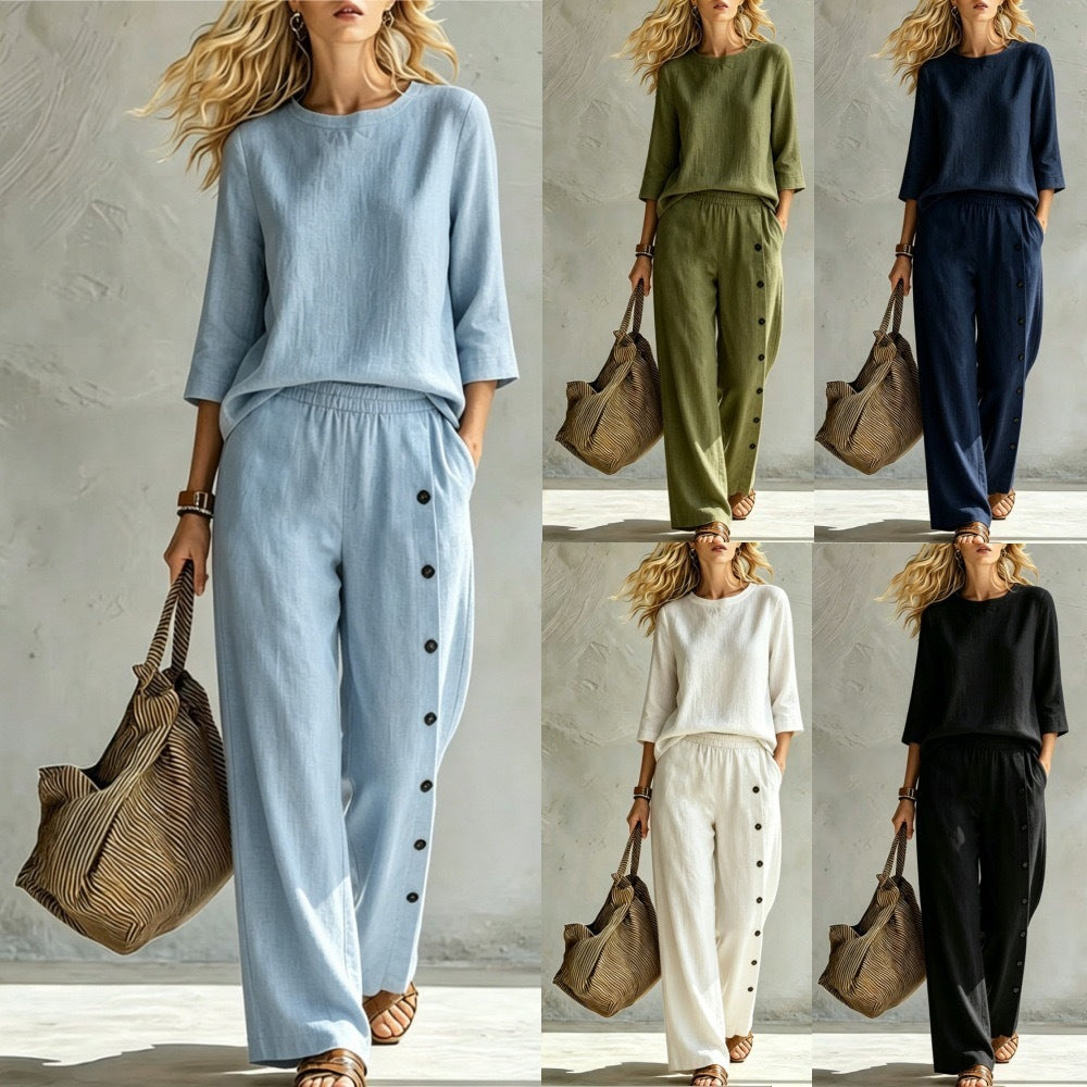 2026 European And American Women's Fashionable Solid Color Buckle Design Casual Loose Two-piece Set