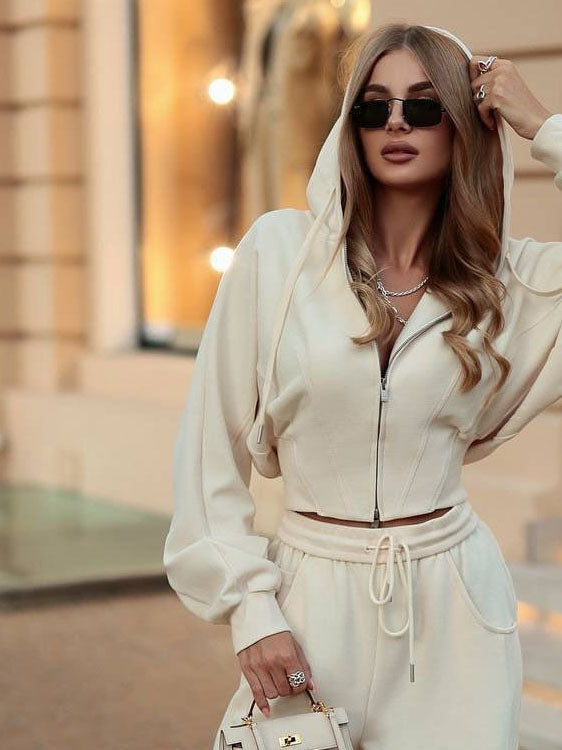 Solid Color Zip-up Cardigan Hooded Sweatshirt With Waist-cinching Design And Drawstring Pants Two-piece Set