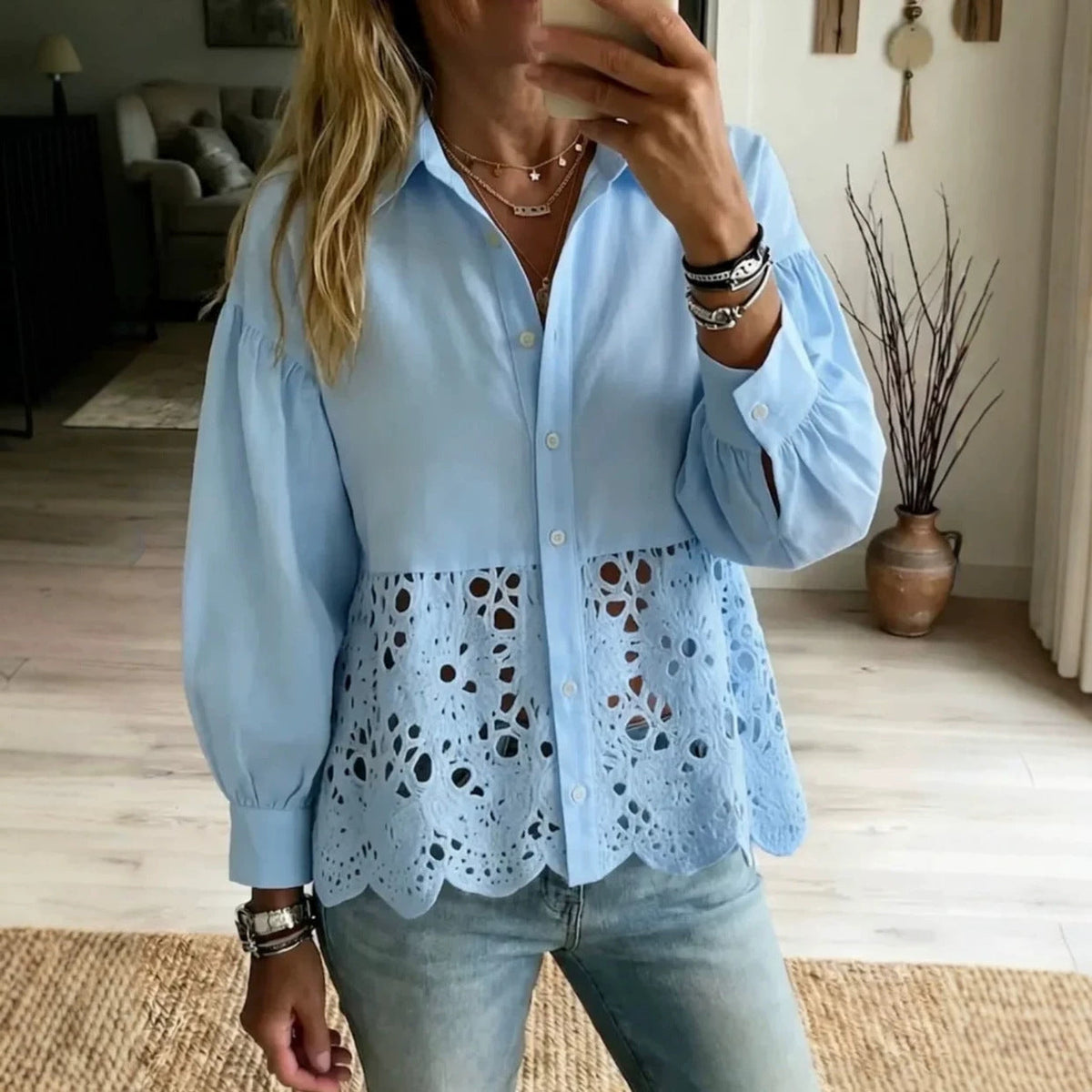 AliExpress Europe And US Cross-Border New Womens Hollow-Out Hem Shirt