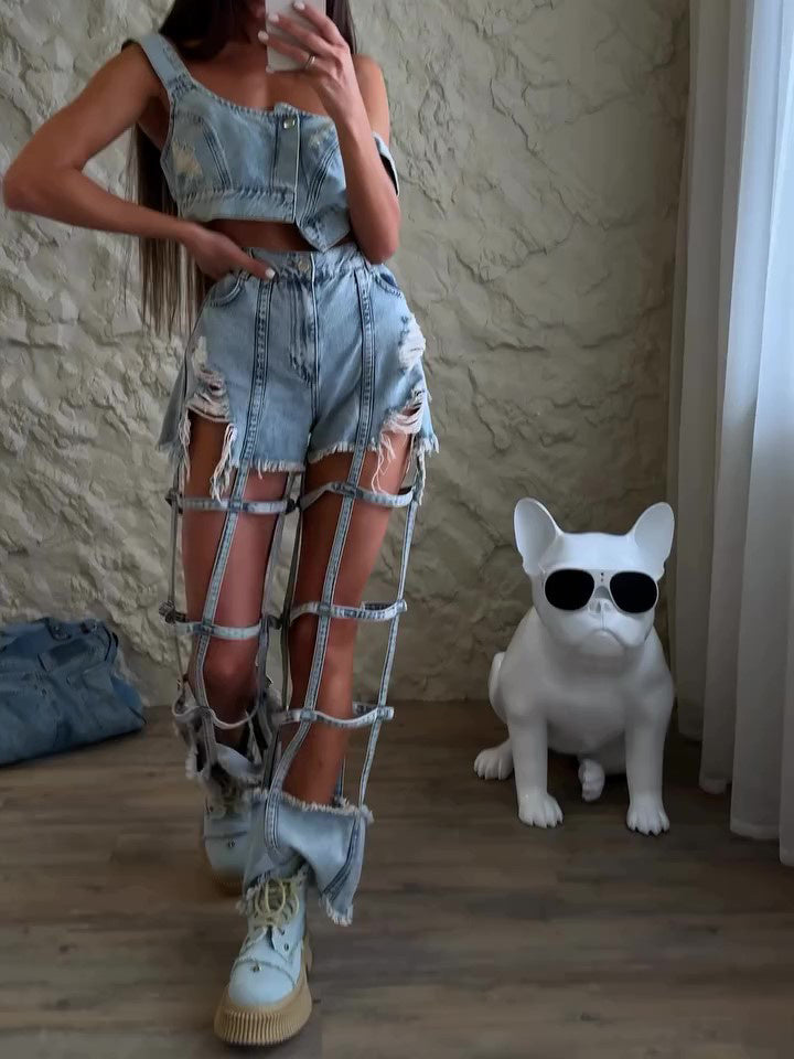 Trendy Light Blue Denim Strappy Crop Top And Ripped Shorts Set