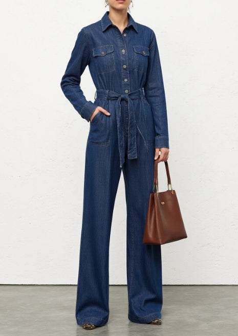 Denim Tie Long Sleeve Jumpsuit