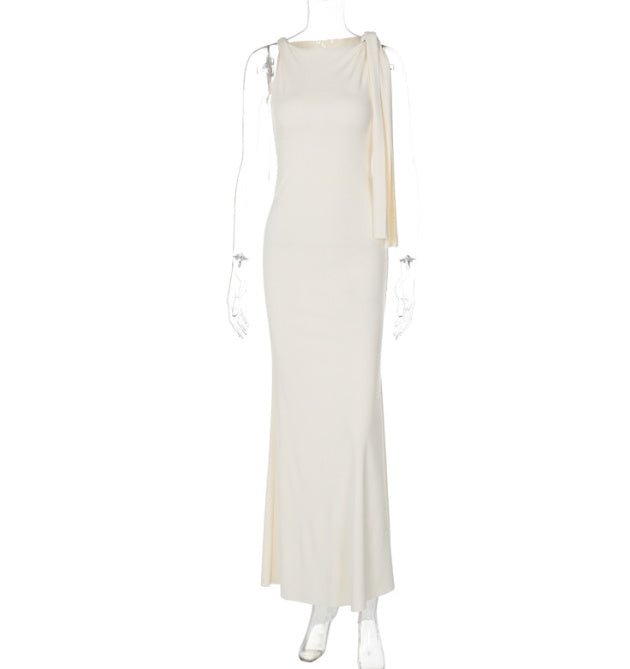 One-shoulder Ribbon Long Dress Ins Fashion Slim Sleeveless Dresses For Evening Party Club Clothing Women