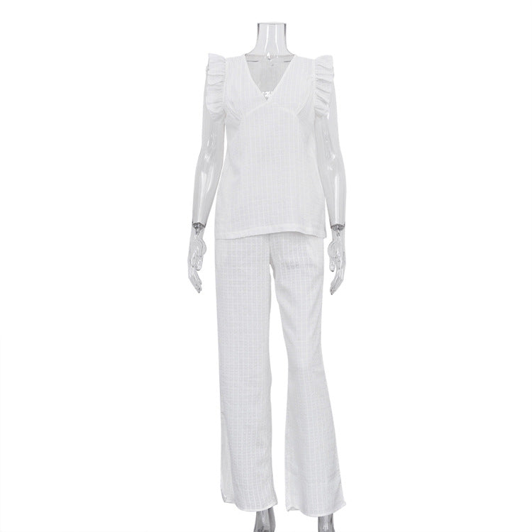 Cotton V-neck Flutter Sleeve Top And Trousers Loose Two-piece Casual Set