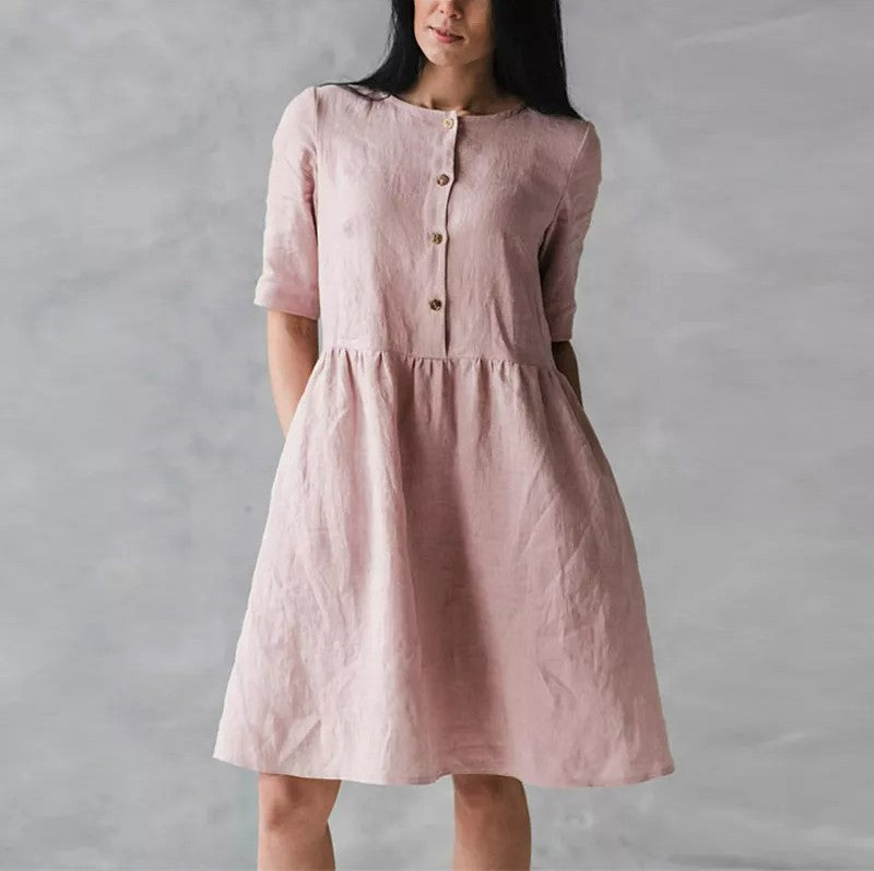 Cotton Linen Round-neck Loose Casual Solid Color Pocket Dress