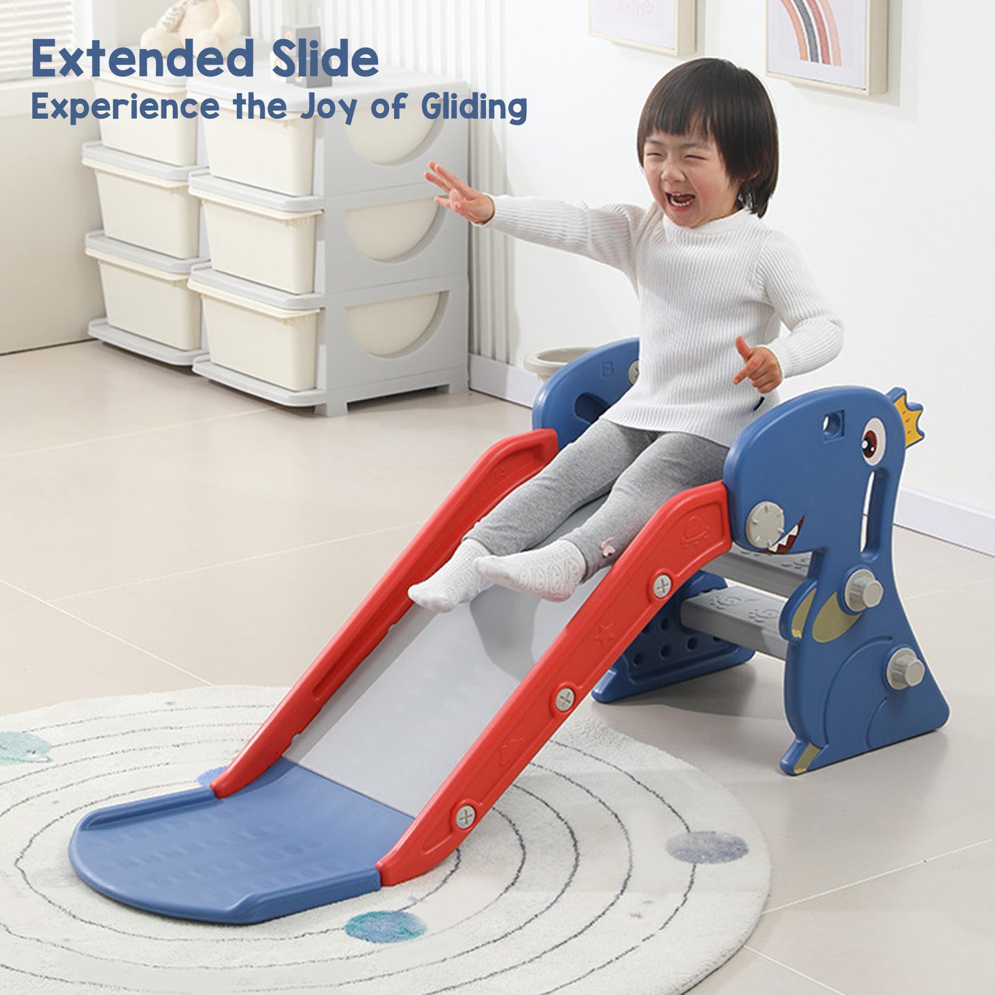 Toddler Indoor Slide For 0 To 3 Years Old Easy Assembly Dinosaur Shape Foldable Slide With Basketball Hoop Stairs Blue