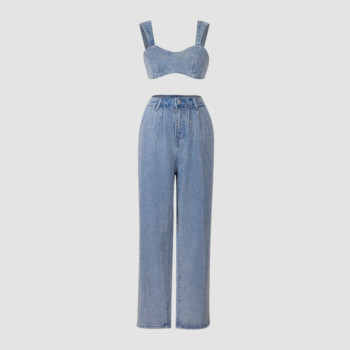 Elegant Glittery Denim Crop Top And Pants Ensemble