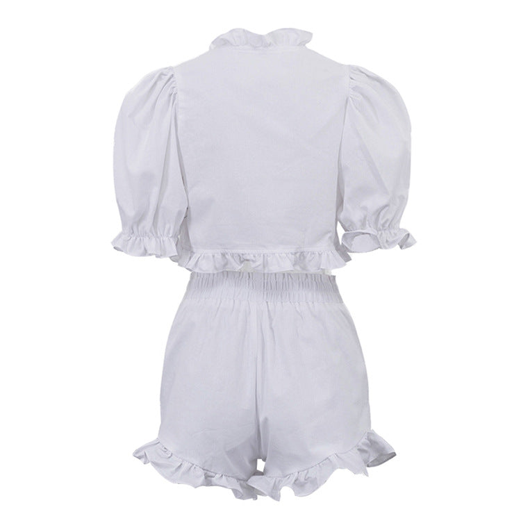 White Ruffled Linen-Blend Two-Piece Co-ord Set