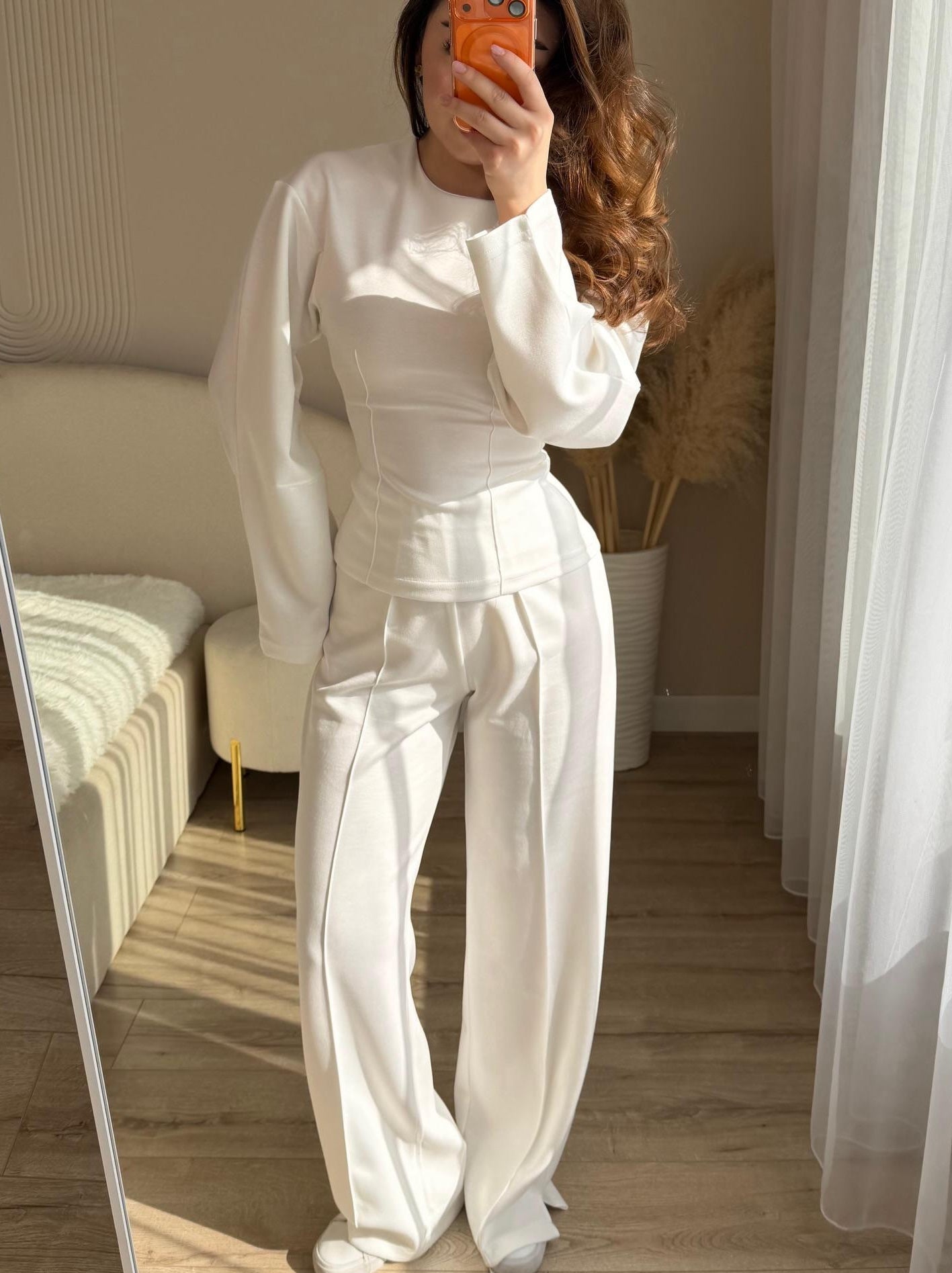 Fashionable Long-sleeved O-neck Pleated Top And Wide-leg Pants Set