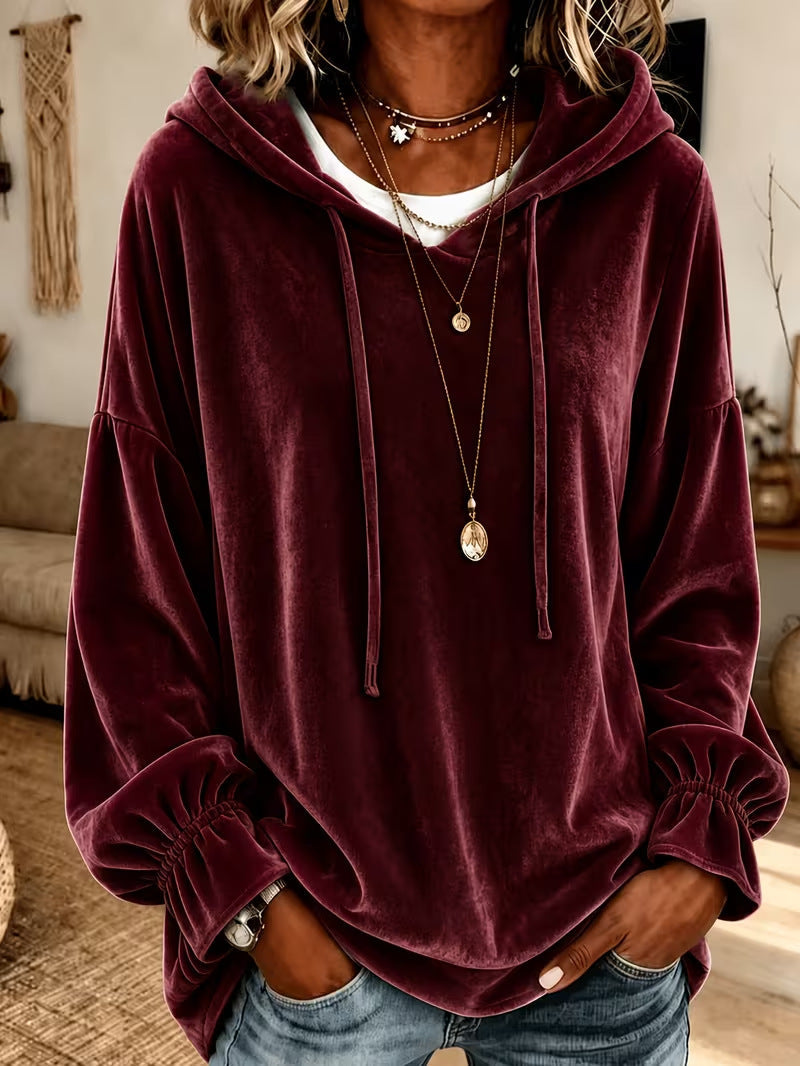 Annuo 2026 European American Women Fall Winter Loose Drawstring Velvet Hooded Sweatshirt