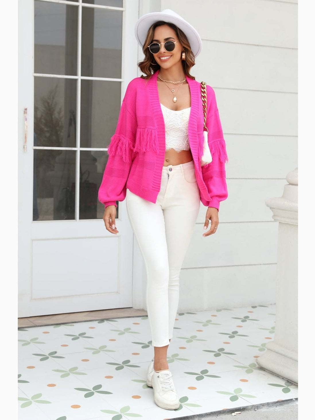 Women Double Take Fringe Trim Open Front Cardigan Sweater