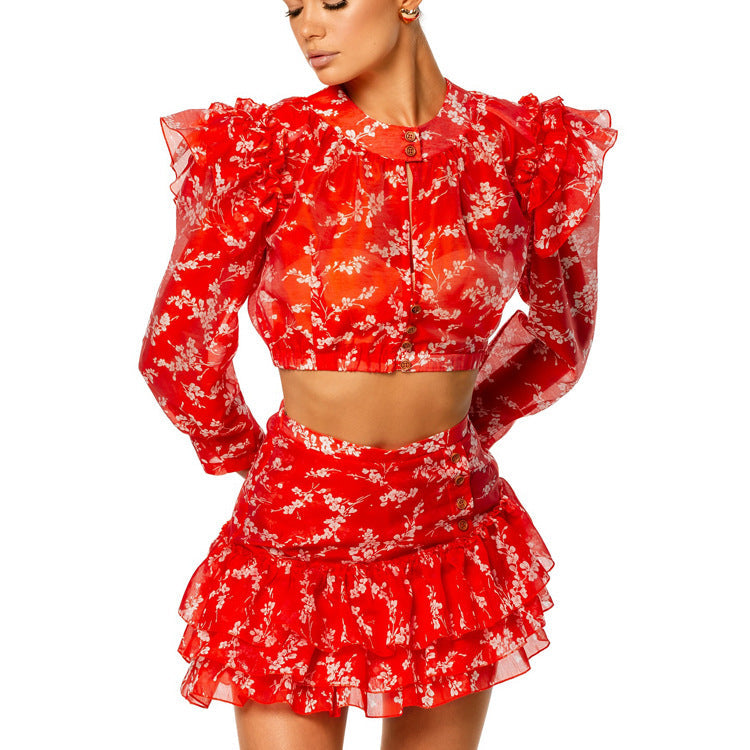 Round Neck Long-sleeved Cropped Top And Printed Skirt Two-piece Set